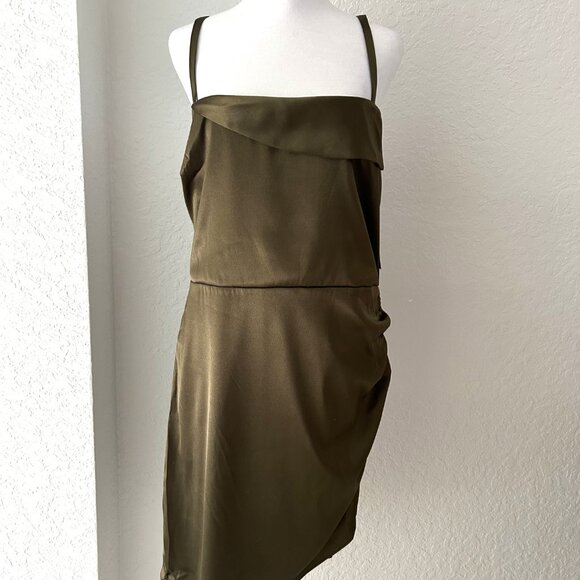 NWT City Studio Asymmetric Olive Satin Mini Dress - Picture 3 of 5